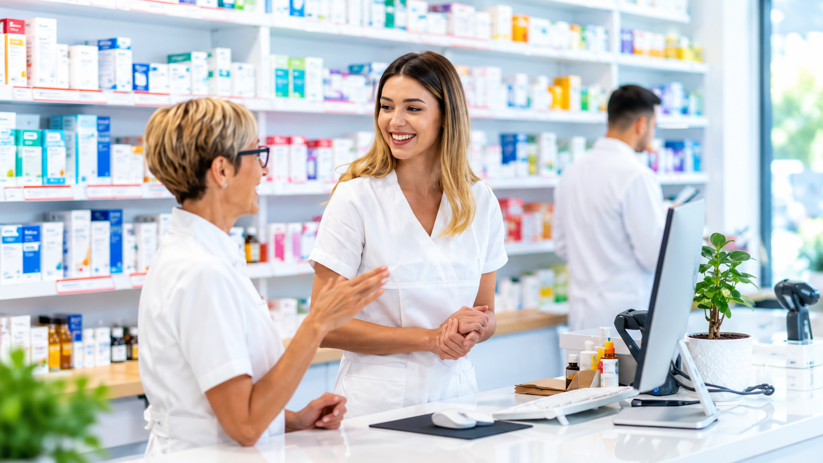 Medinest staff assisting a customer